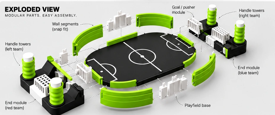 Exploded Motion Gamez concept showing ready-to-assemble modular parts